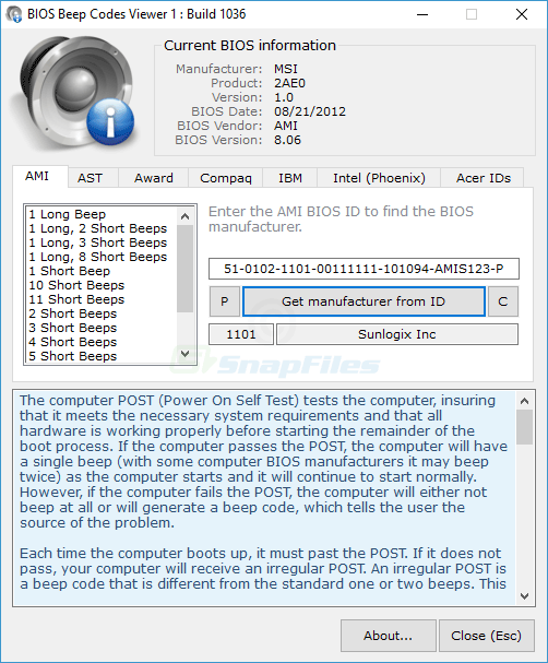 screen capture of BIOS Beepcodes Viewer